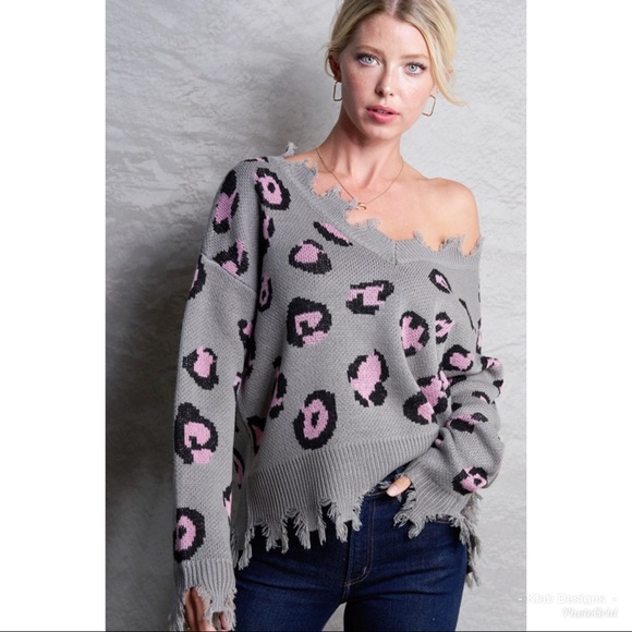 💕LAST! Soft Knit Leopard Print Distressed Sweater - Picture 3 of 4